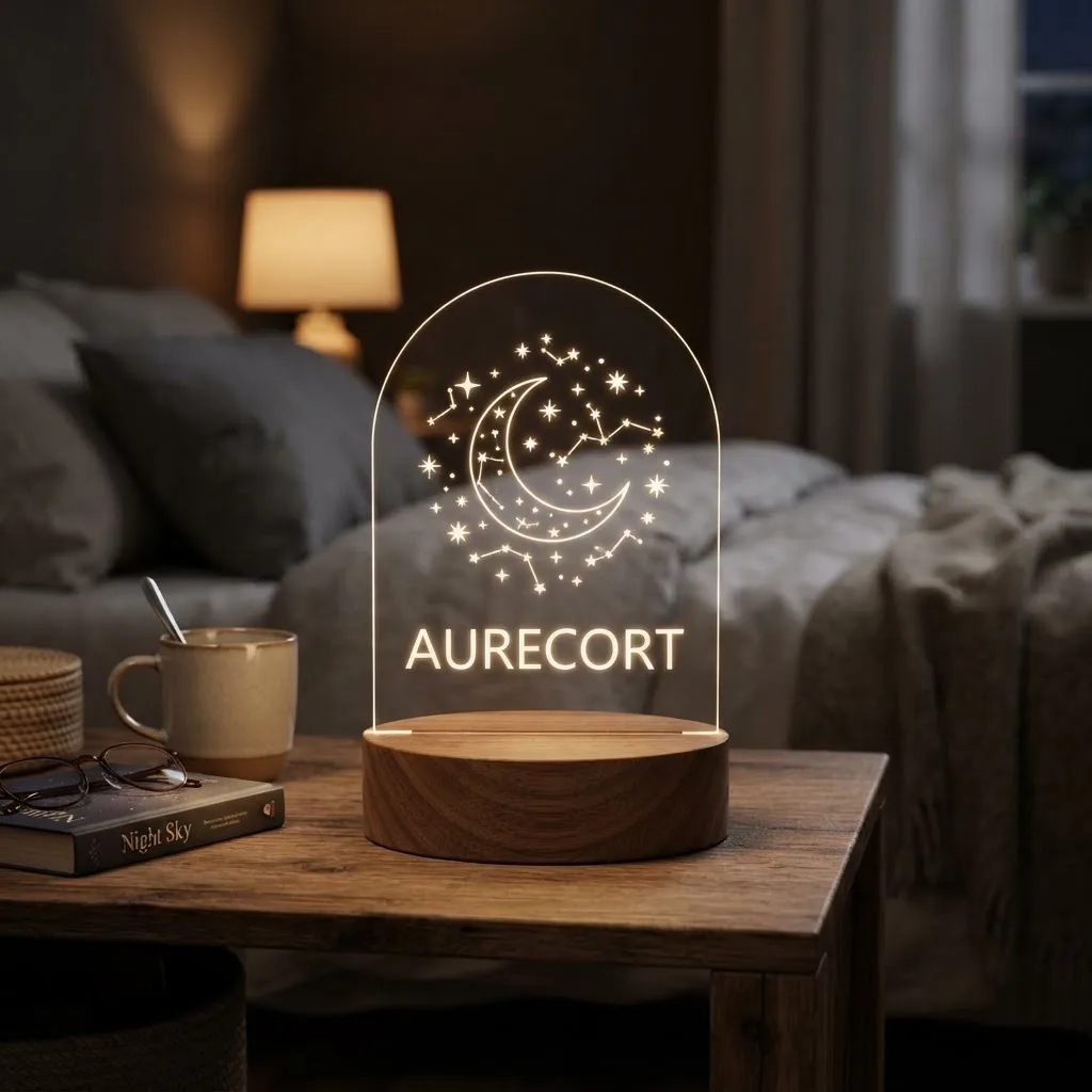 Ahşap ışıklı tabanlı lazer kazımalı pleksi gece lambası, AURECORT yazılı, Aurecort Reklam