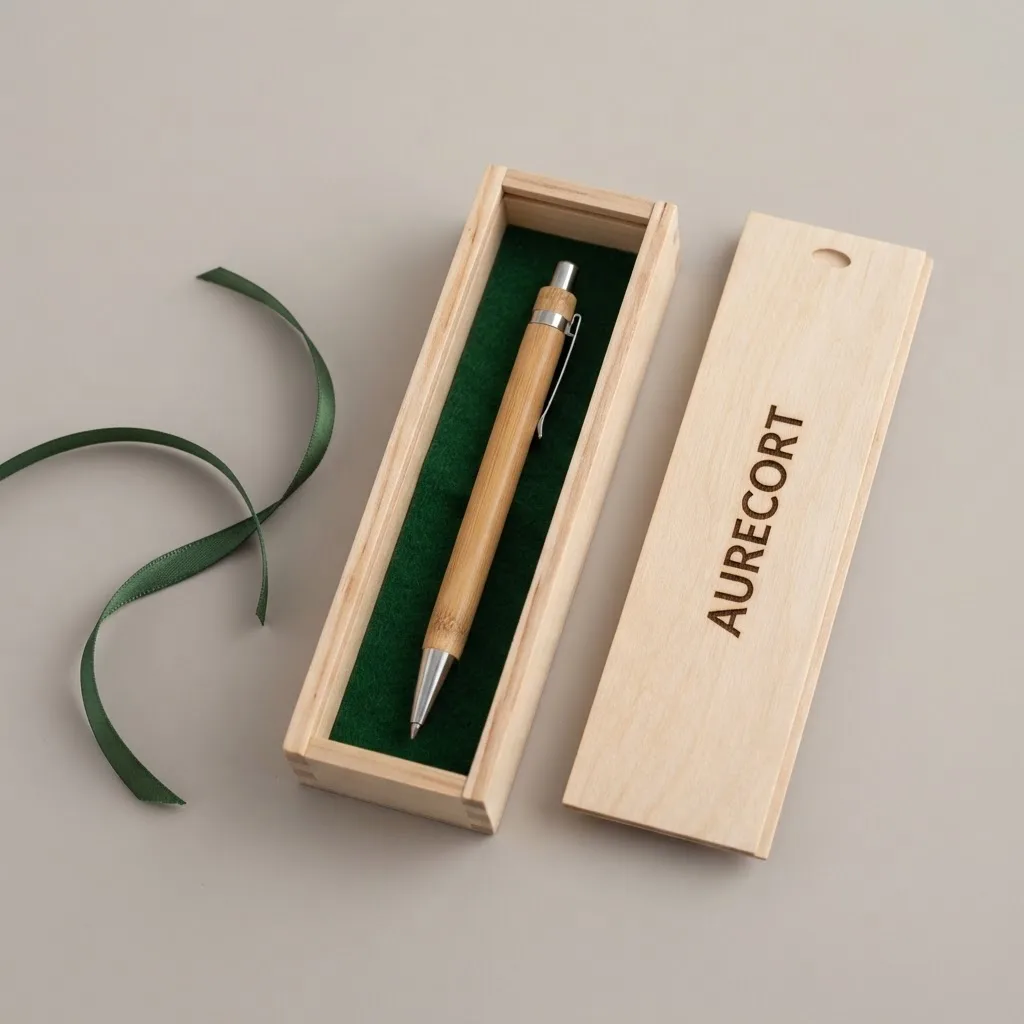 Kapağında AURECORT kazılı ahşap kalem kutusu ve bambu kalem, Aurecort Reklam