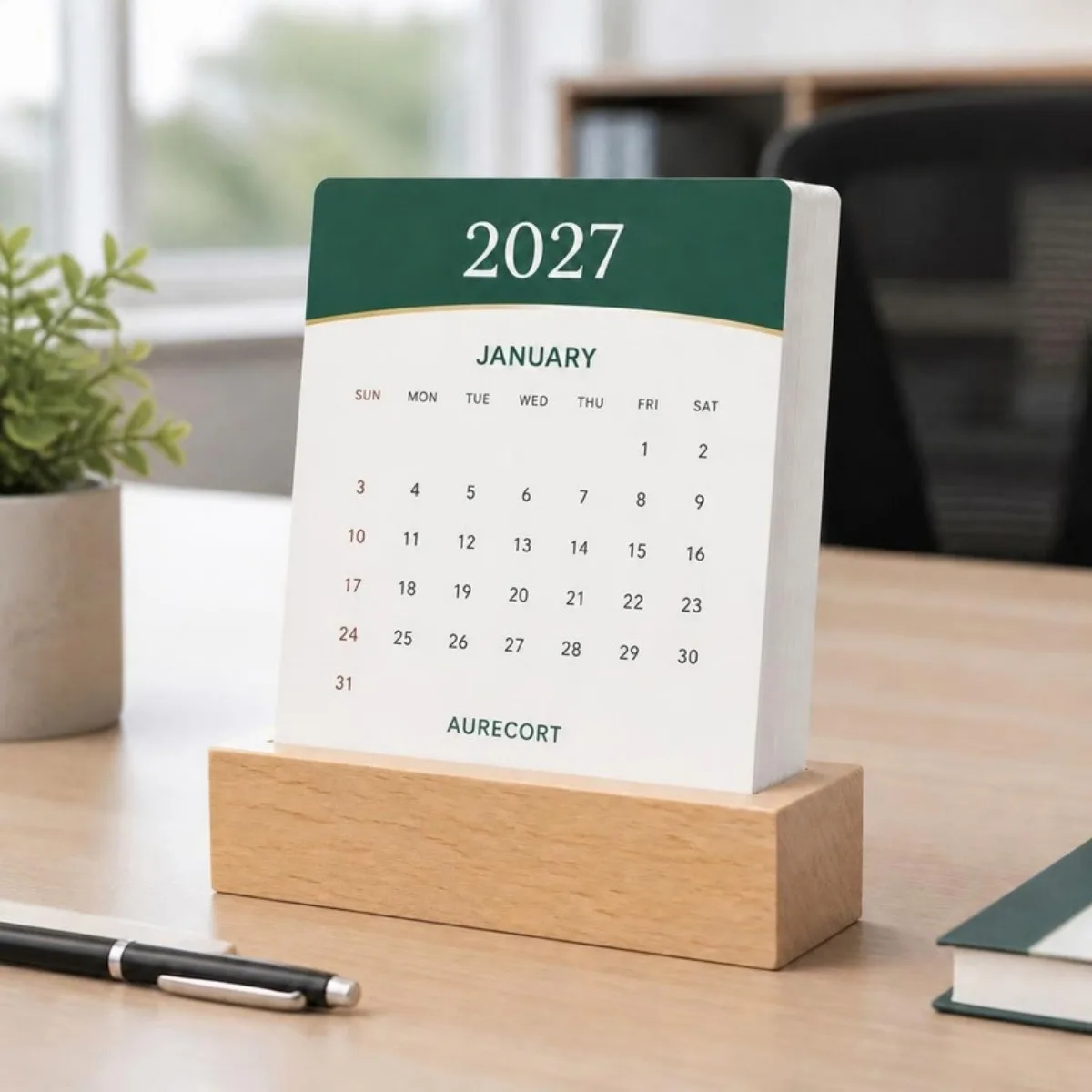Ahşap ayaklı 2027 masa takvimi, Aurecort Reklam