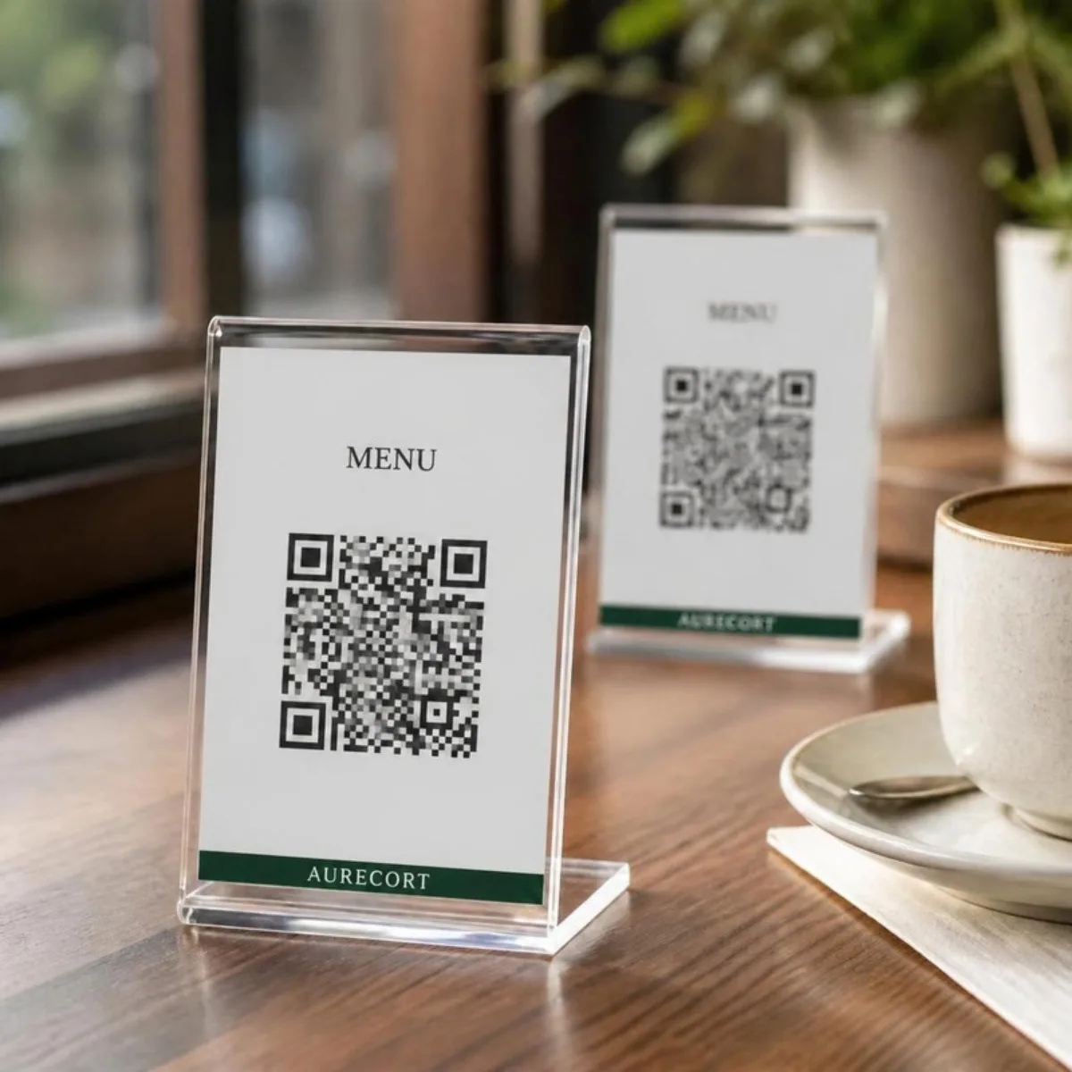 UV baskılı şeffaf pleksi QR menü standı, Aurecort Reklam