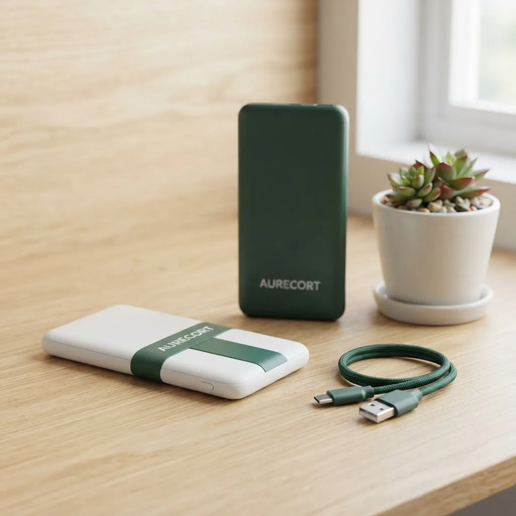 UV baskı AURECORT logolu yeşil ve beyaz powerbank, Aurecort Reklam