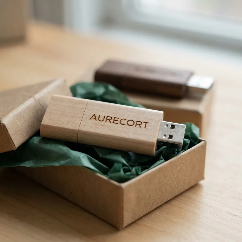 AURECORT kazımalı ahşap USB bellek, kraft kutusunda, Aurecort Reklam